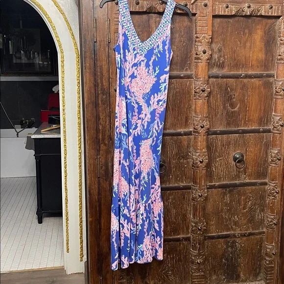 Lilly Pulitzer Madsen Midi Dress Borealis Blue Swim On Over Size XS - Picture 4 of 10